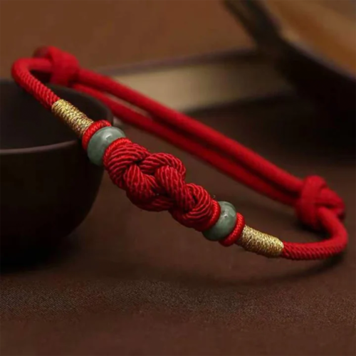 The Crimson Fate: Eternal Knot Jade Bracelet